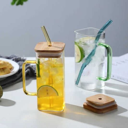 Minimalist Square Glass with Handle and Bamboo Lid and Glass Straw - Borosilicate - Vinyl Blanks - Clear - 450ml